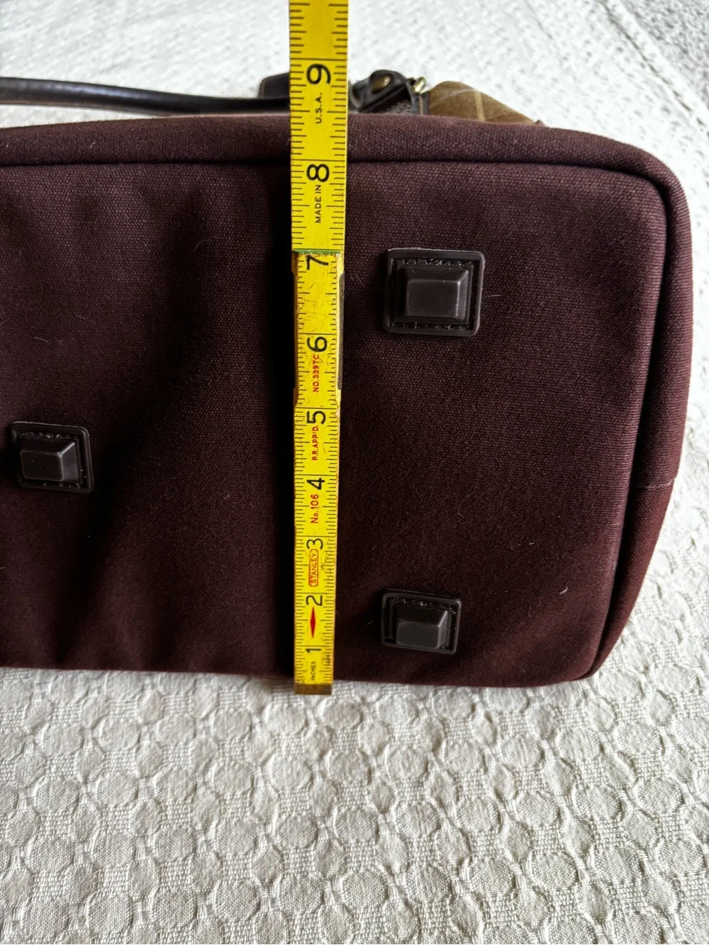 Eddie Bauer Brown Plaid Canvas Duffel Bag with Dark Trim